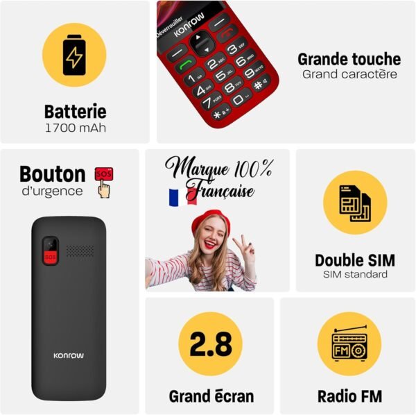 Konrow Senior 280 - Grosses Touches - Très Facile d'Utilisation - Écran 2,8'' Lisibilité Optimale - Double Sim - Station de Charge - Bouton SOS - Appareil Photo et Bluetooth - 32Mo RAM - Noir – Image 5