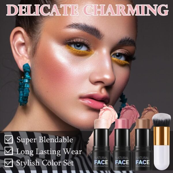 3PCS Contour & Highlighter & Blush Set de maquillage, ELALRAU Kit De Maquillage Visage Avec Pinceaux, Longue durée, lisse Blush Crème Highlighters Contouring Bronzer, Set de maquillage pour le visage – Image 2