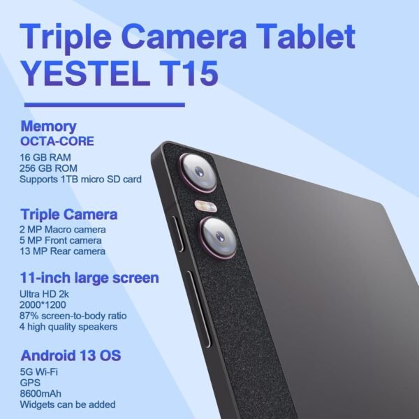 YESTEL Android Tablette Tactile avec 16Go + 256Go (1To TF), Tablette 11 Pouces avec 2000 x 1200 IPS + 4 Intervenants, GPS, 5G Wi-FI, 8600mAh, Chargement Rapide 18W, 3 Caméras, avec Étui, Gris – Image 2