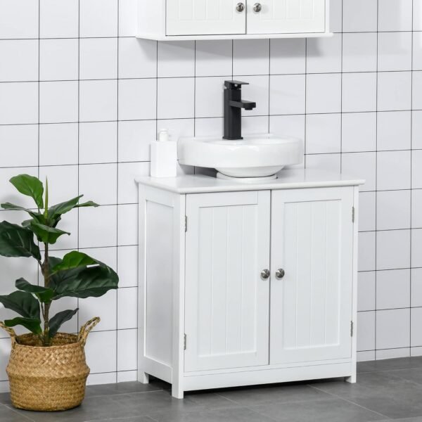 kleankin Meuble Salle de Bain sous lavabo - Meuble sous-Vasque - Placard 2 Portes avec étagère - dim. 60L x 30l x 60H cm - en Bois Blanc – Image 2