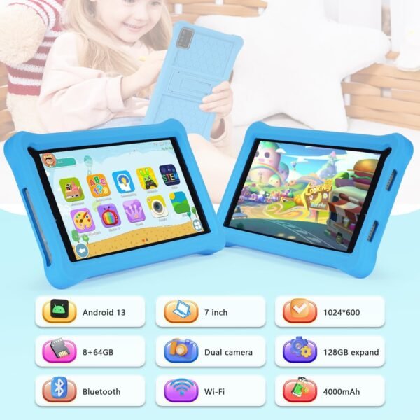 Tablette Enfants 7 Pouces Android 13 Tablette avec 8Go RAM 64Go ROM(TF 128Go), Applications Pré-Installé, Contrôle Parental, Bluetooth, WiFi, Tablette Tactile Éducative avec Kid-Proof Étui-Blue – Image 2