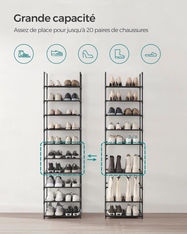 SONGMICS Étagère à Chaussures, 10 Niveaux, Rangement de Chaussures, étroit, 28 x 45 x 173 cm, Structure en métal, étagères en Tissu Non tissé, pour Couloir, Chambre à Coucher, Noir LSH010B02 – Image 4