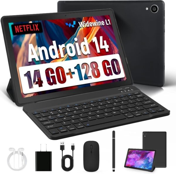 Yicty Tablette Android 14 avec Wi-FI 6 Octa-Core 14 GO RAM+128 GO ROM (Extensible Jusqu'à 1 to) Tablette Tactile avec Widevine L1 5000mAh 5MP+8MP Tablette 10 Pouces avec Clavier+Souris et Cas (Noir)