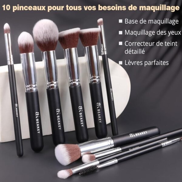 BEAKEY Pinceaux Maquillages Professionnel, Pinceau Maquillage Pour Fond de Teint Blush L'anti-cernes Fard à Paupières Poudre Libre, Avec Blender Eponge(10+2pcs, Noir/Argent) – Image 2
