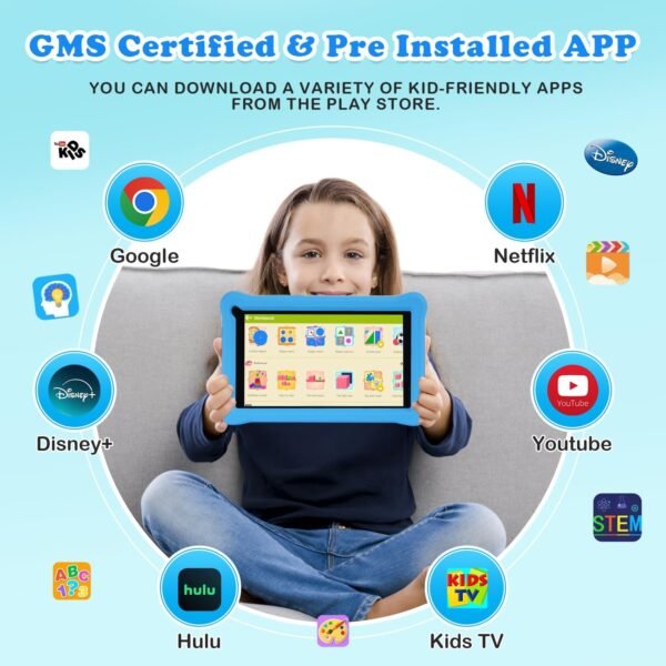 Tablette Enfants 7 Pouces Android 13 Tablette avec 8Go RAM 64Go ROM(TF 128Go), Applications Pré-Installé, Contrôle Parental, Bluetooth, WiFi, Tablette Tactile Éducative avec Kid-Proof Étui-Blue – Image 3