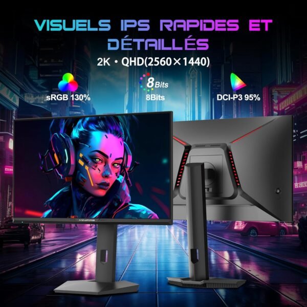 Minifire 27 Pouces QHD 300Hz Gaming Monitor 2K 2560 x 1440 1440P-1ms AMD FreeSync 丨DCI-P3 98% 丨HDR10 丨2×DP1.4丨2×HDMI丨Moniteur PC de Jeu Rotatif Vertical/Horizontal réglable en Hauteur（MFG27F6Q Pro） – Image 2