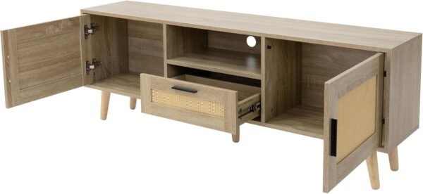ML-Design Commode TV 140x50,5x30 cm Aspect Chêne, avec 2 Portes, Tiroir, Étagère, Façade en Rotin, Pieds en Bois Massif, Table Buffet pour Le Salon Chambre, Armoire pour Téléviseur jusqu'à 65 Pouces – Image 3