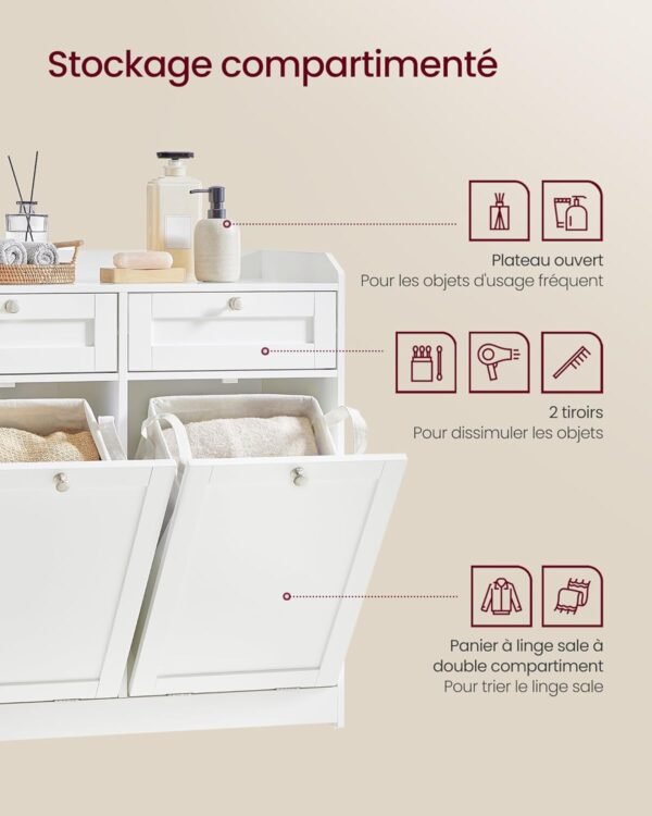 VASAGLE Meuble de Salle de Bain, Panier à Linge, Placard de Rangement, avec Sac Intérieur Amovible avec Poignées, 2 Tiroirs et 2 Paniers à Linge, 40 x 78,9 x 80,2 cm, Blanc Nuage BBC751W01 – Image 4