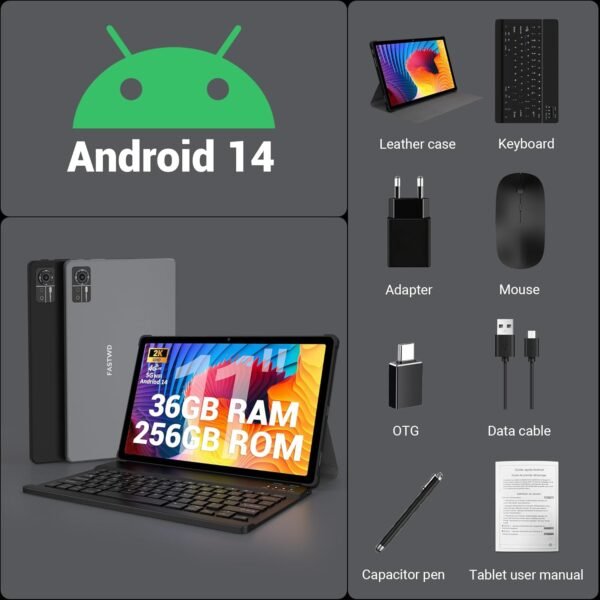 FASTWD Tablette 11 Pouces Android 14 Tablet,2025 Newest Tablette Con 4G LTE /5G WiFi,36GB RAM+256GB ROM,9580mAh,2000 * 1200 incell FHD,Widevine L3,GPS/BT5/Tablette avec étui,Gris – Image 7