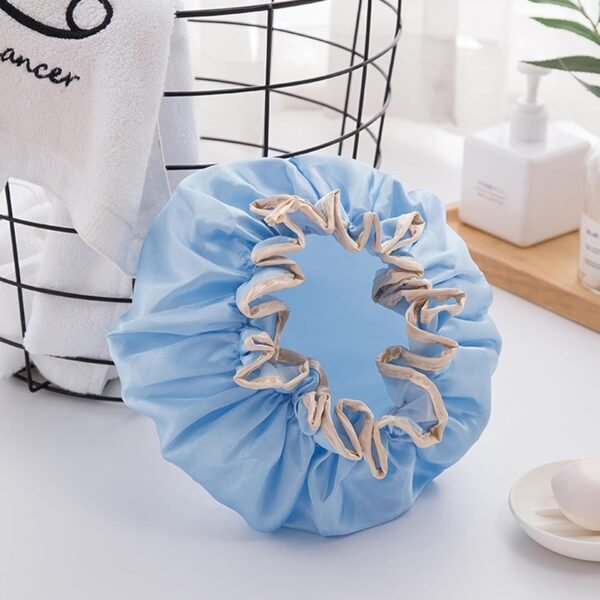 Bonnet de douche imperméable pour femme - Bleu - Réutilisable - Pour la douche, le sauna, les soins personnels, les cheveux secs, etc. – Image 5