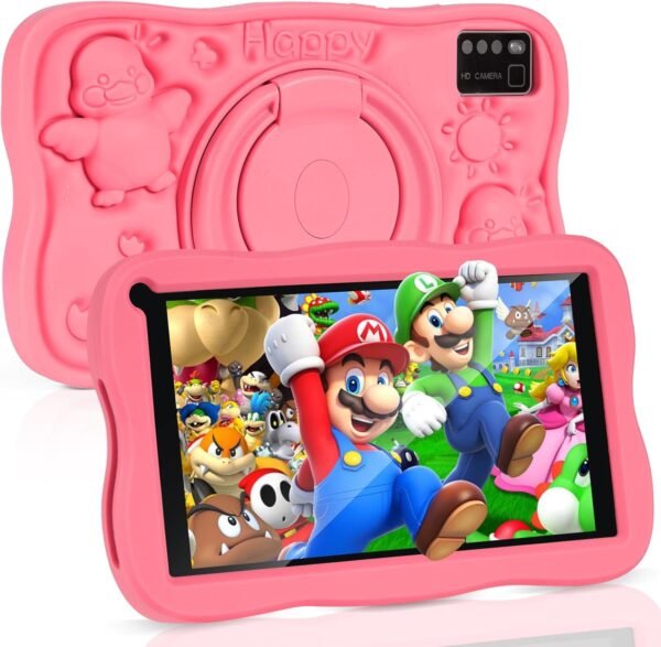 SUMTAB Tablette Enfants 7 Pouces Android Tablette pour Enfant avec 8GB RAM+64GB ROM(TF 256GB), Contrôle Parental, WiFi, Bluetooth, Kids Tablette Tactile Éducative avec Kid-Proof Étui(Rosa)