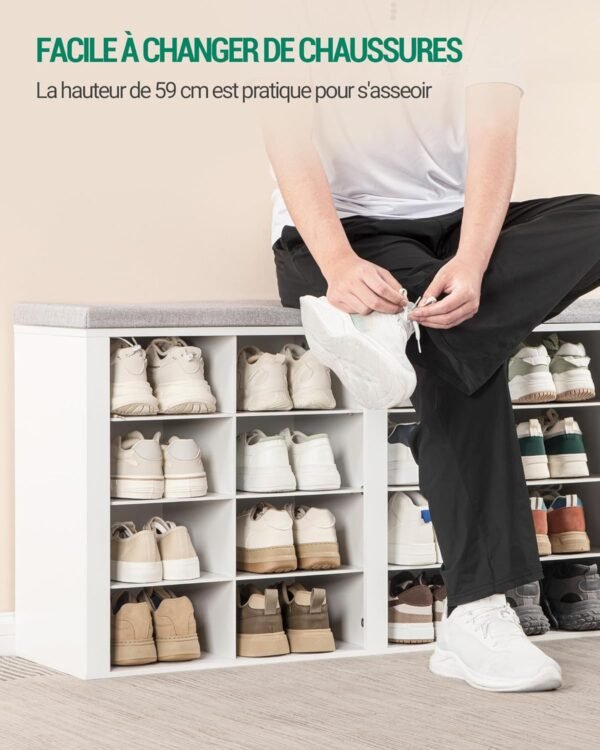 Hzuaneri Banc à Chaussures, Support à Chaussures avec Siège, Banc avec Rangement, Coussin, 16 Compartiments, pour Salon, Couloir, Chambre, Blanc-Gris SB25603GY – Image 7