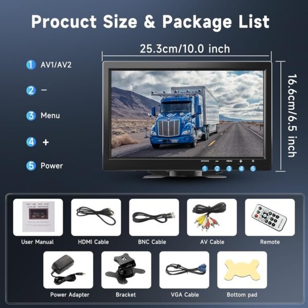 podofo Mini Moniteur LCD 10,1 Pouces, Moniteur Portable pour Ordinateur/Surveillance/caméra arrière, avec entrée HDMI/VGA/AVI/BNC/USB, Moniteur HDMI pour Le Jeu, DC 9-30V – Image 7