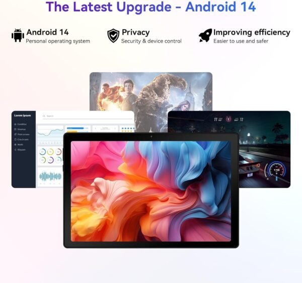 Android 14 Tablette 10 Pouces 10Go RAM + 64Go ROM (1To Extensible) Octa-Core GMS 1280*800 IPS HD Touchscreen Tablette Tactile BT 5.4 WiFi 6 Widevine L1 5000mAh Tablettes PC Dynamic Halo (Noir) – Image 4