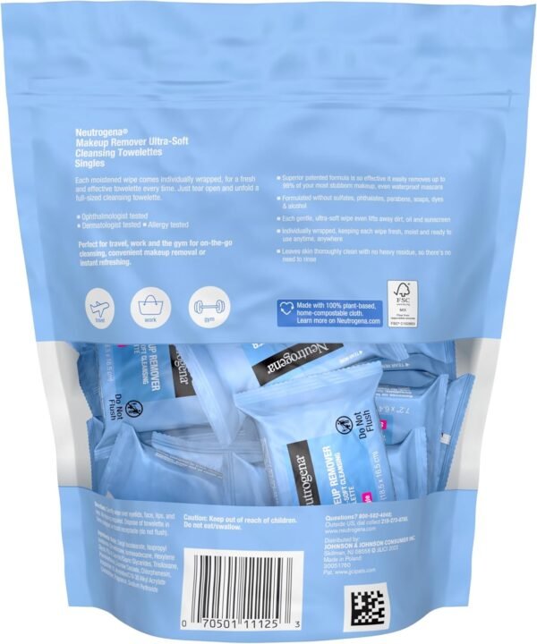 Neutrogena Makeup Remover Cleansing Towelette Singles, Daily Face Wipes To Remove Dirt, Oil, Makeup & Waterproof Mascara, Individually Wrapped, 20 Count – Image 7