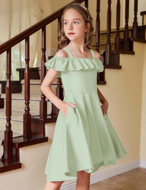Arshiner Robe d'été pour Filles épaules Dénudées Manches à Volants Robe élégante à Bretelles Robe trapèze Robe Haute et Basse Robes Décontractées avec Poche 4-13 Ans – Image 4