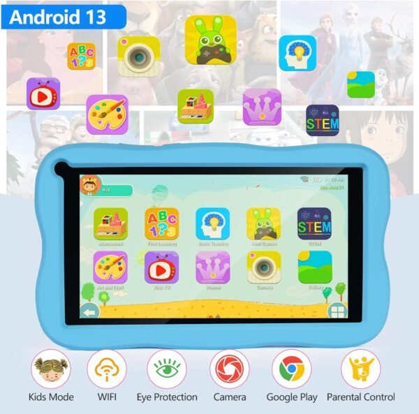 SUMTAB Tablette Enfants 7 Pouces Android Tablette pour Enfant avec 8GB RAM+64GB ROM(TF 256GB), Contrôle Parental, WiFi, Bluetooth, Kids Tablette Tactile Éducative avec Kid-Proof Étui(Bleu) – Image 2