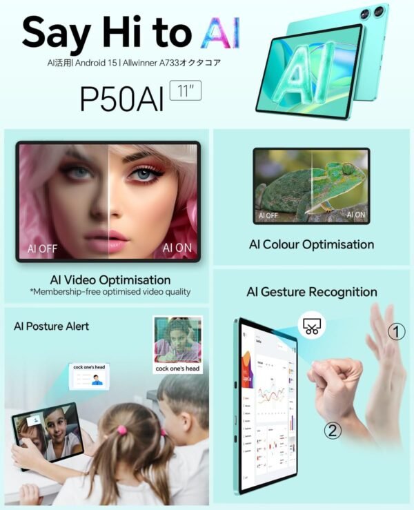 TECLAST P50AI Tablette Android 15 Tablette 11 Pouces 90Hz, Gestuel IA, 2.0GHz Octa-Core, HDMI-Type C, Mode PC, 16Go+128Go(4To TF), 7000mAh/Widevine L1/BT5.4/13MP+8MP, avec étui + Stylet, 2025 – Image 2