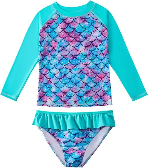 Maillot de Bain Fille Deux Pièces Combinaison Anti UV Fille Manches Longues Maillot pour Filles de 3-9 Ans