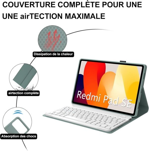IVEOPPE Coque Clavier Redmi Pad SE 11 Pouces, Coque en Cuir avec Clavier Bluetooth Magnétique Amovible AZERTY Français pour Xiaomi Redmi Pad SE 11" 2023, Vert foncé – Image 7