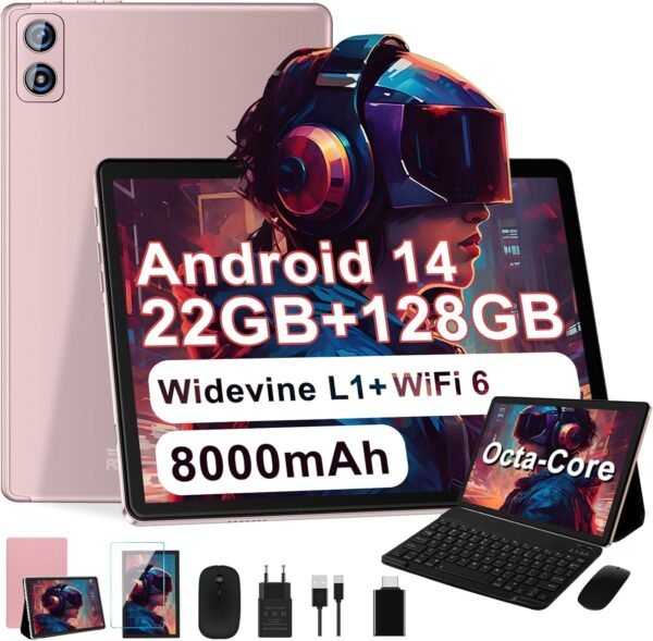 Dghrti 2025 Tablette Tactile 10 Pouces Android 14 Tablet, 22Go+128Go ROM/TF 1TB, 8000mAh, UFS 2.1 Flash, Octa-Core 2.0GHz, WiFi 5G+2.4G, BT5.0, 8MP+5MP, Widevine L1, avec Clavier Souris - Or