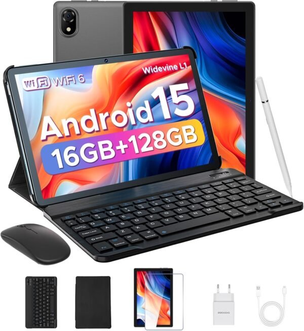 DOOGEE U10 (2025) Tablette Android 15, Tablette 10 Pouces 16Go RAM+128Go ROM(2To TF), GMS Tablette Tactile, WiFi 6, Widevine L1, 5060mAh, BT 5.0, 2 en 1 Tablette avec Clavier Souris- Gris