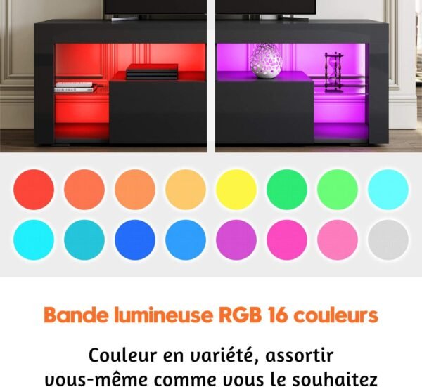 SIRHONA Meuble TV LED Noir, Banc TV 140x35x50.5cm, Éclairage LED RGB avec Couleur réglable, Capacité de Charge 40 kg, Convient pour Salon ou Chambre – Image 3