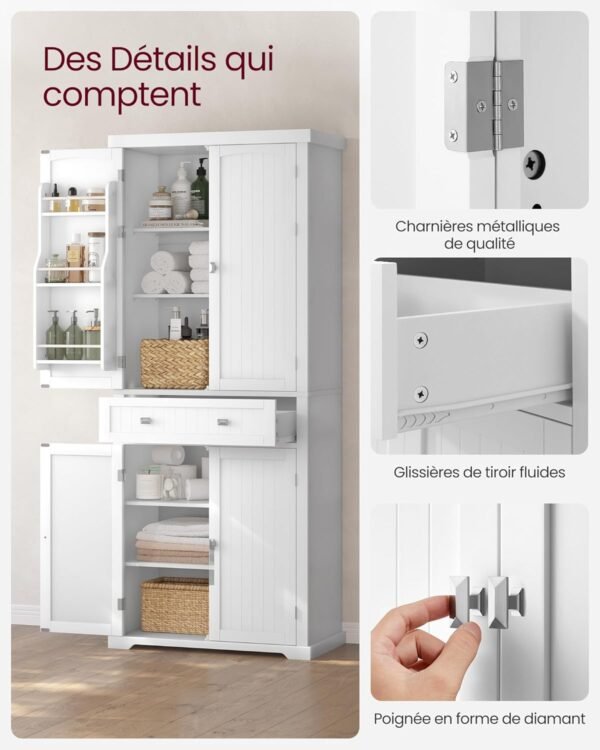 VASAGLE Buffet Haut Cuisine, Meuble de Rangement, Armoire, Vaisselier, Hauteur 182,1 cm, avec Tiroir, Placards, Étagères Réglables, pour Salon, Cuisine, Blanc BBC561W21 – Image 8