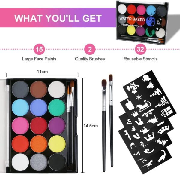 URAQT Peinture Corporelle pour Le Visage, Palette de Maquillage pour Enfants, 15 Couleurs Palette de Tatouage de Peinture à I'huile, Sûr, Non Toxique, Pour Halloween, Noël, Carnaval, Soirées à Thème – Image 3