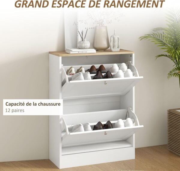 HOMCOM Meuble à Chaussures 12 Paires, Meuble d'entrée étroite avec 2 tiroirs rabattables et étagères réglables, Armoire à Chaussures Moderne pour Couloir et entrée, 60 x 24 x 80 cm, Blanc – Image 4
