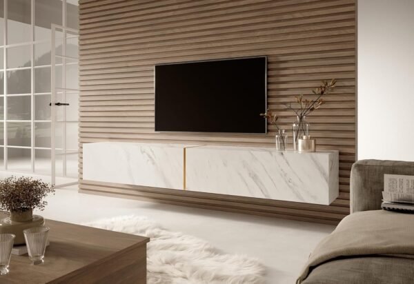 Selsey Meuble TV Armoire De Télévision 200 cm Suspendu Salle De Séjour Chambre À Coucher Marbre Blanc avec Insert Doré Bisira – Image 6