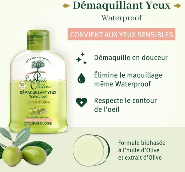 LE PETIT OLIVIER - Démaquillant Yeux Waterproof - Extrait D'Olive - Démaquille En Douceur - Convient Aux Yeux Sensibles - 98% D'Origine Naturelle - Sans Silicone - Fabriqué en France - 125 ml – Image 2