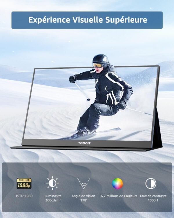 Yodoit Écran Portable 15,6" 1920 × 1080 FHD Moniteur IPS 100% SRGB Display HDMI USB Type C avec Haut-parleurs Intégrés pour PC/MacBook/Xbox/PS4 5/TV – Image 4
