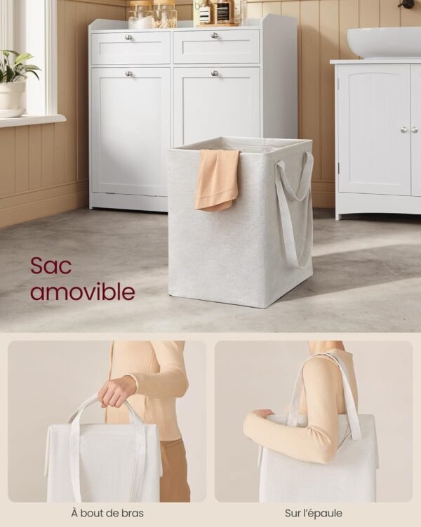 VASAGLE Meuble de Salle de Bain, Panier à Linge, Placard de Rangement, avec Sac Intérieur Amovible avec Poignées, 2 Tiroirs et 2 Paniers à Linge, 40 x 78,9 x 80,2 cm, Blanc Nuage BBC751W01 – Image 5