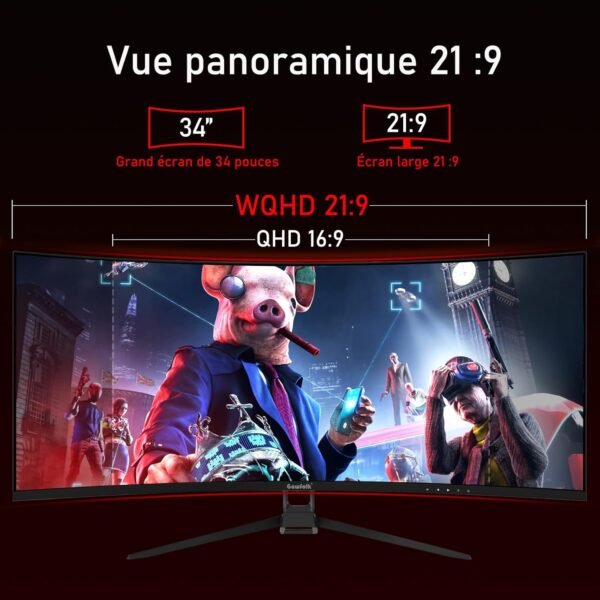 Gawfolk Écran PC Ultra Large 34 Pouces 1500R incurvé 144Hz Gaming Computer Moniteur,21:9 UWQHD(3440x1440),Adaptive Sync，HDR，178 ° Angle Vue，DisplayPort、HDMI，VESA 75 * 75MM-Noir – Image 3