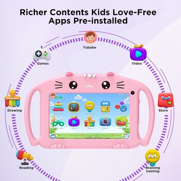 Ascrecem Tablette Educative Enfant 7 Pouces Android Tablette Enfants avec WiFi Bluetooth Quad Core 2 Go 32 Go ROM Tablet Bebe avec Contrôle Parental Jeux Éducatifs Étui Antichoc Youtube Netflix (Rose) – Image 2