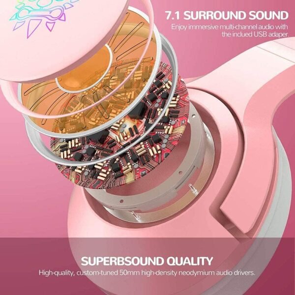 Casque De Jeu Rose, Casque De Jeu avec Oreille De Chat, Casque De Jeu à Son Surround 7.1 avec Réduction De Bruit Réglable, Lumière LED, Microphone Rétractable Et Oreille De Chat Détachable – Image 4