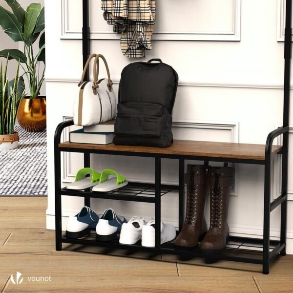 vounot® Porte Manteau pour Entrée 4 en 1 avec Banc et Étagère à Chaussures 3 Niveaux avec 9 Crochets Amovibles Meuble d’Entrée 185x85x33cm Cadre en Acier Robuste Système Anti-basculement – Image 7