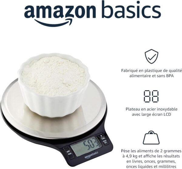 Amazon Basics Balance de cuisine numérique, sans bisphénol A, en acier inoxydable avec affichage LCD (piles fournies), Noir – Image 2