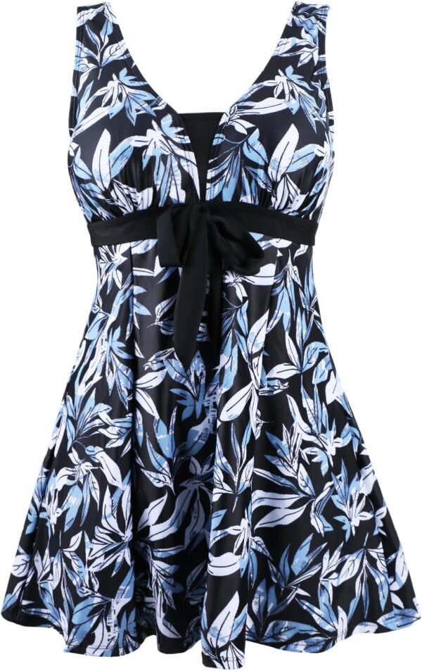 Ecupper Maillot de Bain Une Pieces pour Femme Rétro Jupe avec Volantée Contrôle du Ventre Push Up Col en V