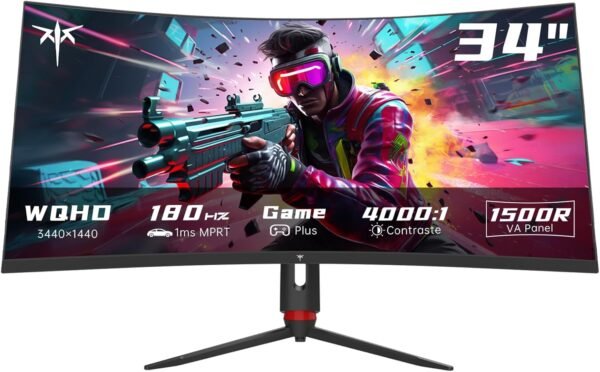KTC Ecran 34 Pouces Incurvé, UWQHD (3440 x 1440) 180Hz Ecran PC Gamer, Adaptive Sync, 21:9 VA Panel 1500R, 1ms, HDR10, Rapport de Contraste 4000:1, 2 x DP 1.4 (180Hz), 2X HDMI 2.0 (100Hz), H34S18S