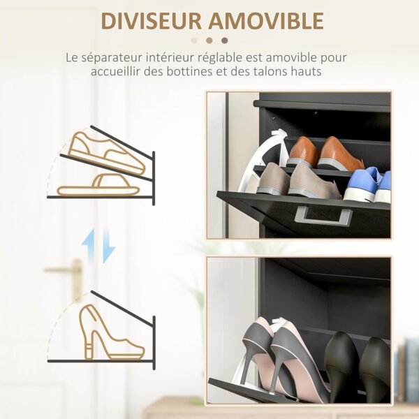 HOMCOM Meuble à Chaussures, Armoire à Chaussures, 2 Portes abattants, étagères réglables, pour entrée, Couloir, 54 x 24 x 82,5 cm, Noir – Image 6
