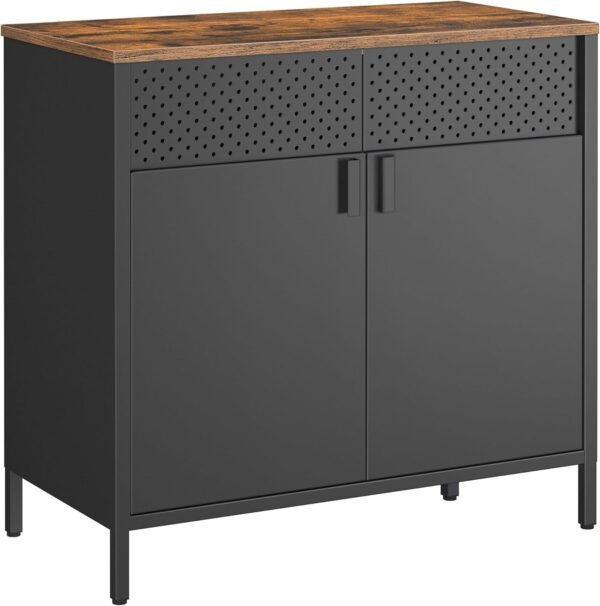 SONGMICS Meuble de Rangement, Buffet, en Métal, Double Porte, Fermeture Magnétique, Cadre en Acier, 40 x 80 x 76 cm, Marron Rustique et Noir LSC102B01