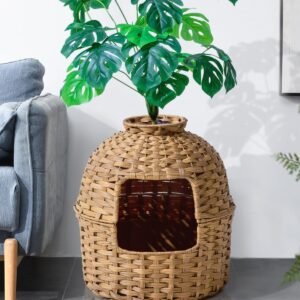 Alternative view of SETVSON Litière pour chat - En rotin tissé à la main - Avec bac à litière pour chat et plantes artificielles - Filtre de contrôle des odeurs - Véritables pierres - Pour salon, chambre à coucher, coin