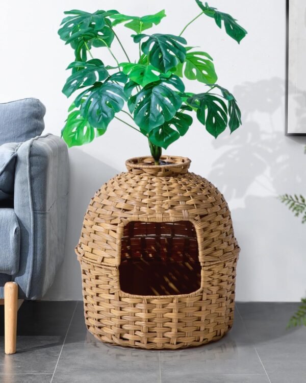 SETVSON Litière pour chat - En rotin tissé à la main - Avec bac à litière pour chat et plantes artificielles - Filtre de contrôle des odeurs - Véritables pierres - Pour salon, chambre à coucher, coin – Image 2