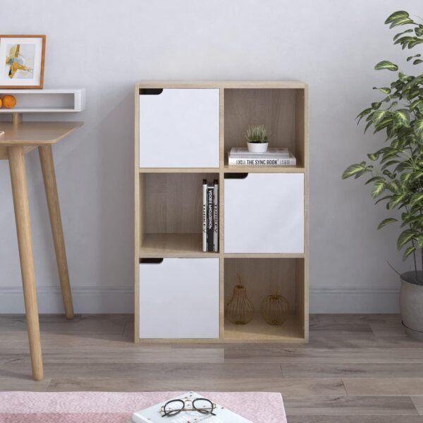 Mondeer Étagère de Rangement, Bibliothèque avec 6 Cubes Moderne en Bois Inclus 3 Portes et 3 Ouvertes, pour Salon ou Bureau, 60 D x 30 W x 90 H cm, Blanc et Chêne – Image 2