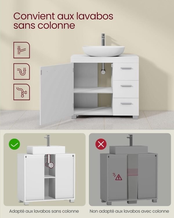 VASAGLE Meuble sous Lavabo, Meuble de Salle de Bain, 3 Tiroirs Latéraux, 2 Compartiments Derrière la Porte, avec Pieds, 30 x 70 x 64 cm, Blanc Nuage BBK503W10 – Image 5