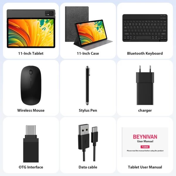 BEYNIVAN Tablette 11 Pouces Android 14 tablettes tactiles Con 4G LTE /5G WiFi, 36GB RAM+256GB ROM,9580mAh,Face ID,TÜV,GMS,GPS,BT5,Tablette avec Clavier détachable,Noir – Image 6