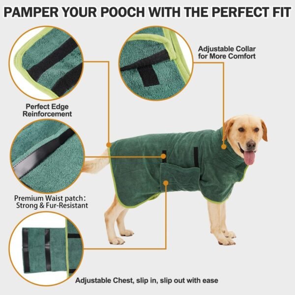 HezzLuv Peignoir pour Chien, Peignoir en Microfibre pour Chien Moyen et Grand, Super Absorbante Serviette pour Chien, Manteau de Séchage pour Animaux, Peignoir deBain à Séchage Rapide (Vert L) – Image 4