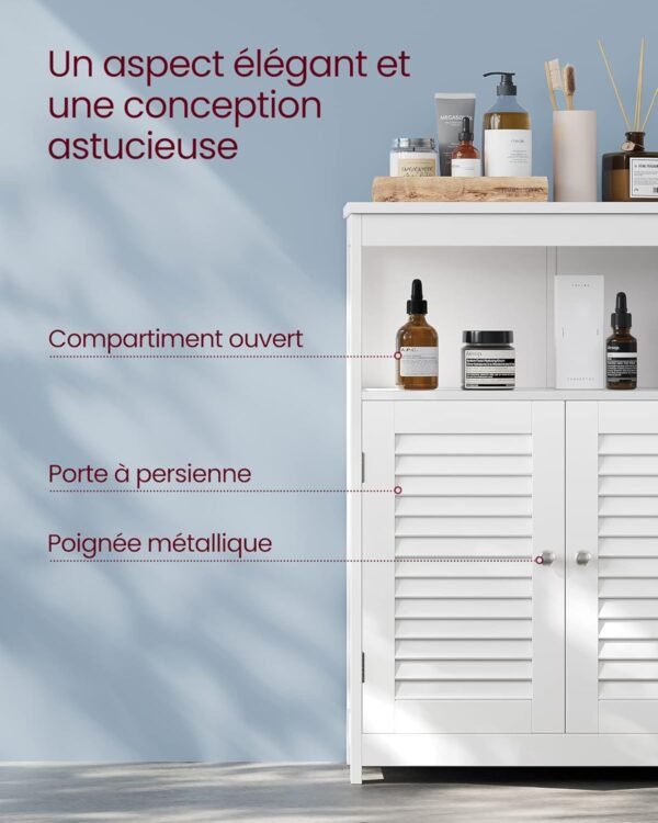 VASAGLE Meuble de Salle de Bain, Meuble de Rangement, Commode, Placard, Armoire, avec Étagères Réglables, Étagère de Rangement avec 2 Portes, 30 x 60 x 80 cm, Blanc BBC40WT – Image 5